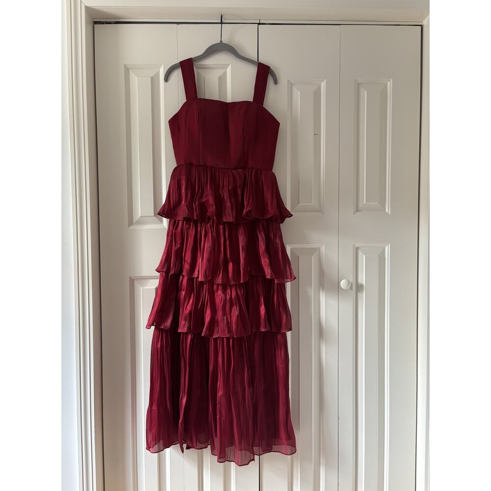 Red Tiered Ruffle Dress With Straps Size 8 - Picture 2 of 10